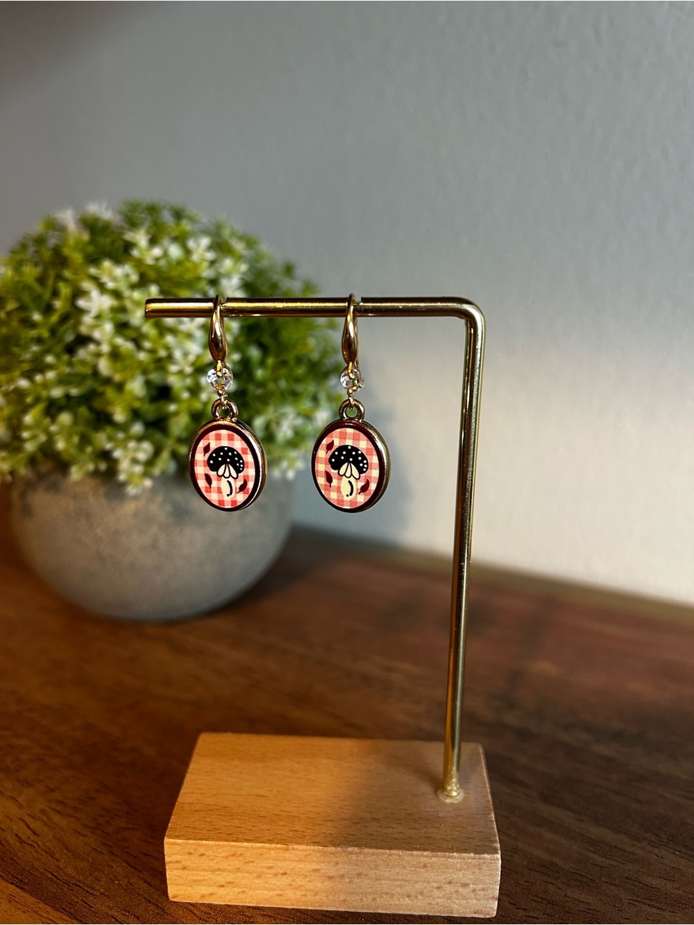 Whimsical Gold Drop Earrings with Hand Painted Ceramic Charm.